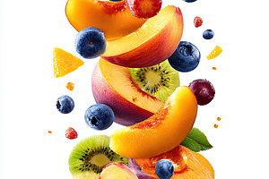 Fruit mix featuring vibrant peach slices and blueberries in a dynamic compositi, a Food & Drink Photo by AlyaAnd