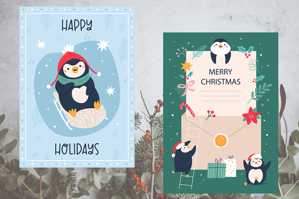 Cute Penguin Clipart & Winter Cards, an Animal Illustration by danceyourlife (Photo 6 of 12)