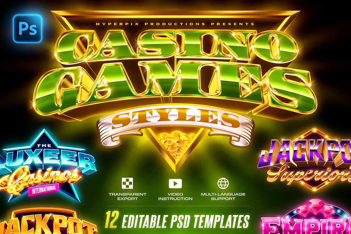 Casino Game Text Effects (12 PSDs), a Layer Style Add-On by Hyperpix Productions (Photo 1 of 19)