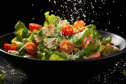 Bowl of fresh salad with cherry tomatoes, cheese, lettuce, and s, a Photo by Dvoevnore photos