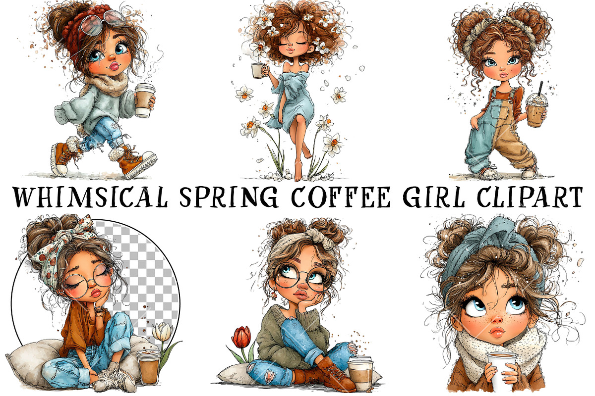 Whimsical Spring Coffee Girl Clipart, an Illustration by OK Design (Photo 2 of 6)