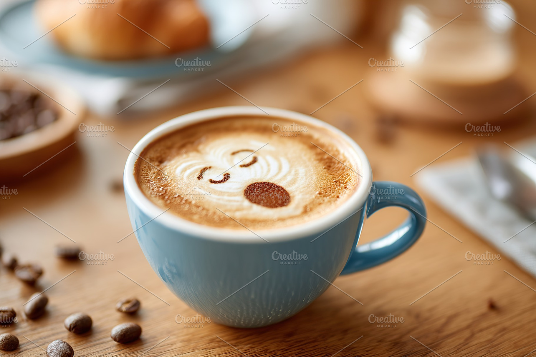 Yawning face latte art in a cozy coffee shop on a bright morning, a Food & Drink Photo by AlyaAnd