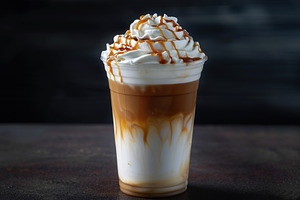 Iced coffee latte in cup on dark background, a Food & Drink Photo by AlyaAnd