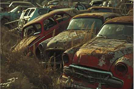 Abandoned cars in junkyard at dusk, an Industrial Photo by Ylivdesign
