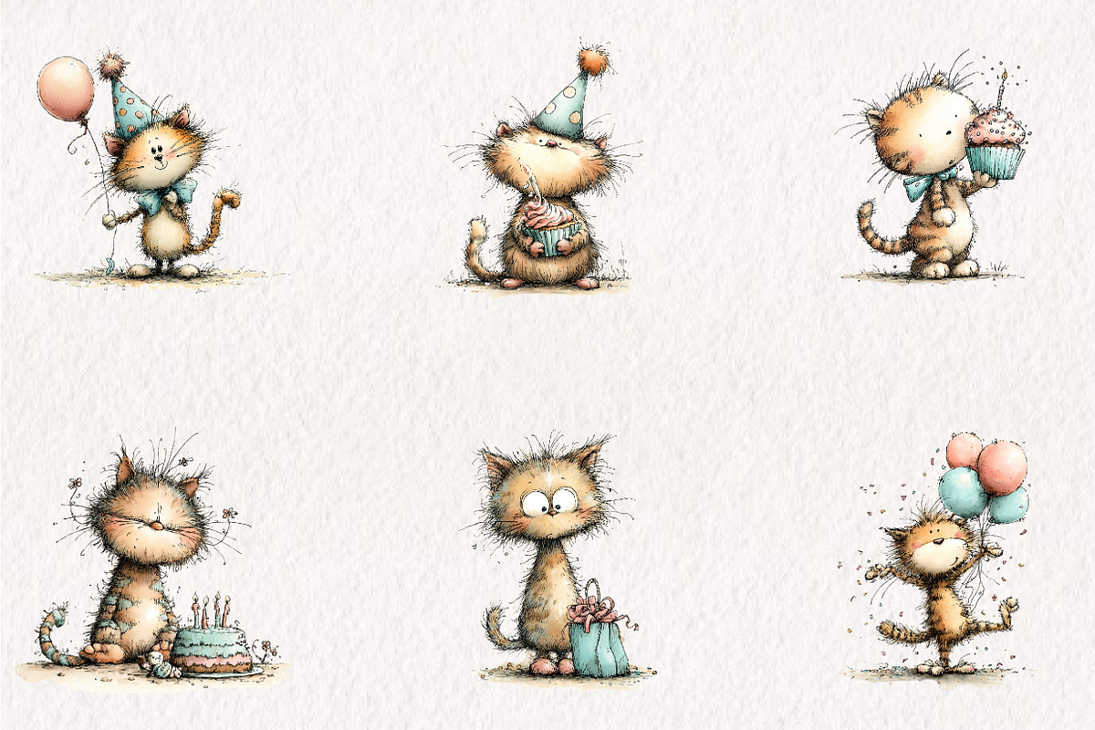 Birthday Cat PNG Clipart Bundle, a Seasonal Illustration by CreationArt (Photo 2 of 5)
