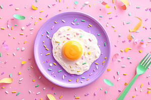 Dancing egg on a colorful plate with confetti on a bright purple background, a Food & Drink Photo by AlyaAnd