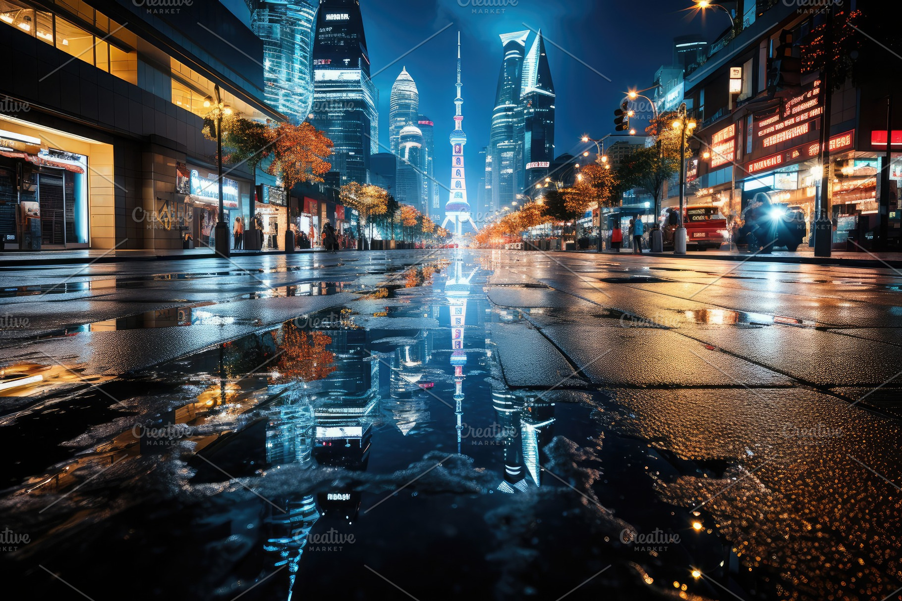 Dynamic cityscape at night neon ligh, a Photo by SaroStock