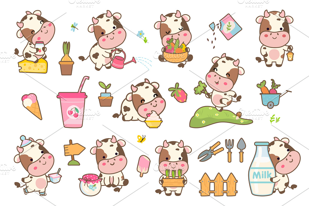 Farm kawaii cows. Funny cow and, an Animal Illustration by Valerie Bodnar