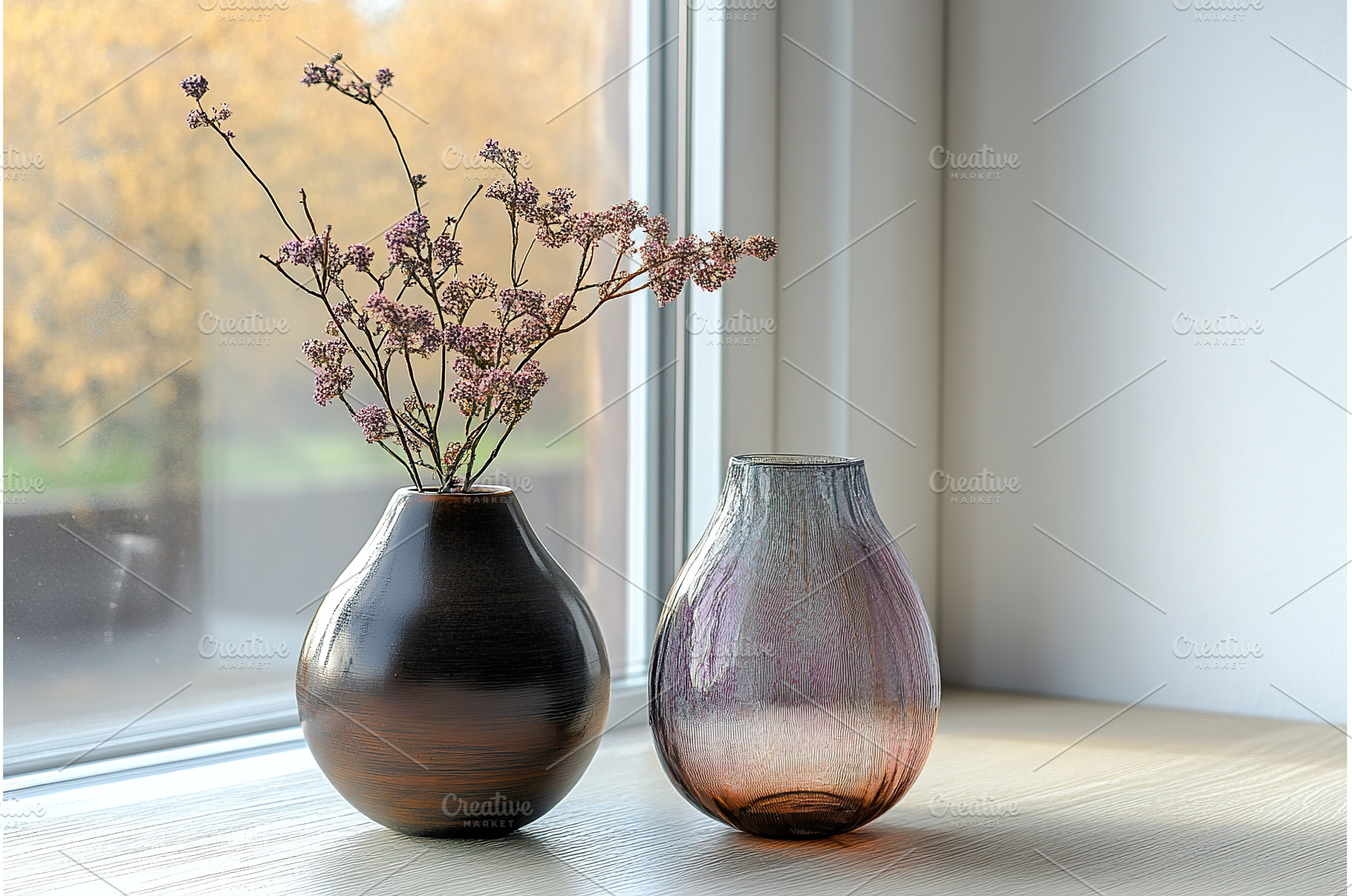 Two Glass Vases with Dried Purple, a Background Photo by Lermont51