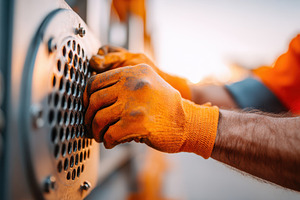 Worker adjusting metal panel at sunset, an Industrial Photo by AlyaAnd