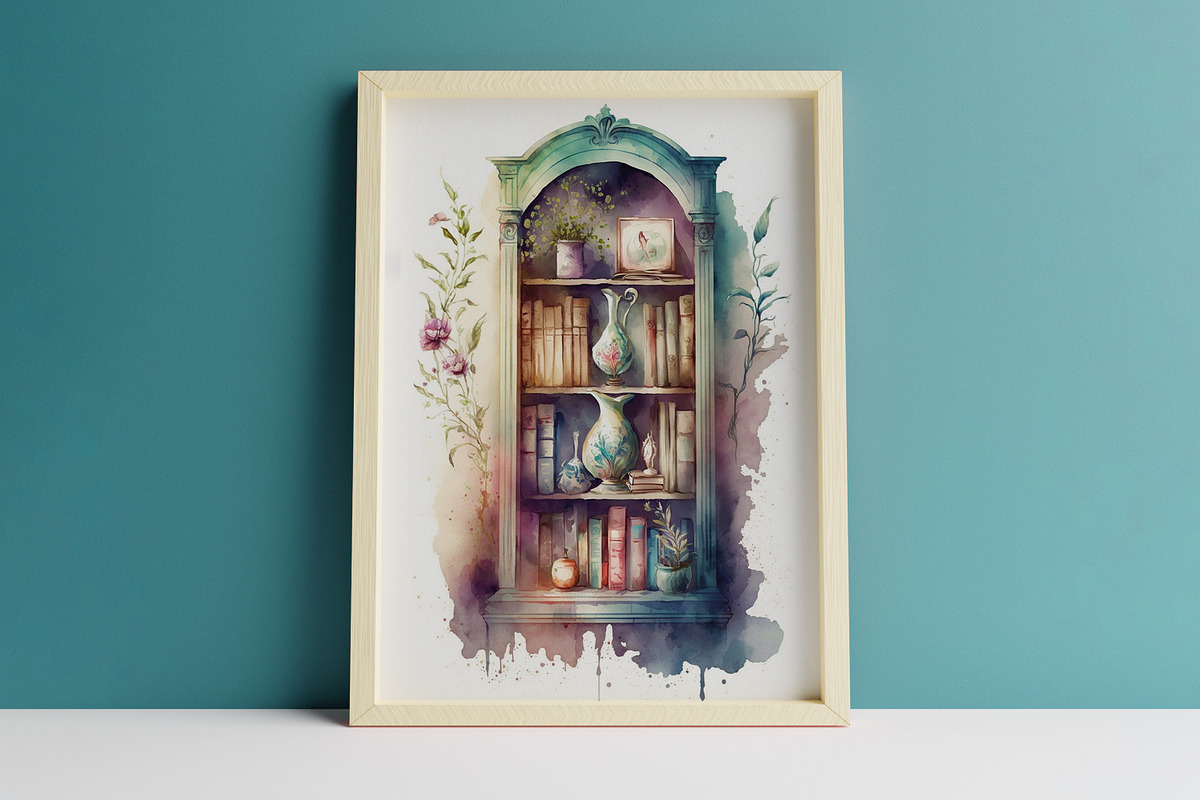 Bookshelf Watercolor Wall Art, a Decorative Illustration by DigitalFad (Photo 1 of 2)