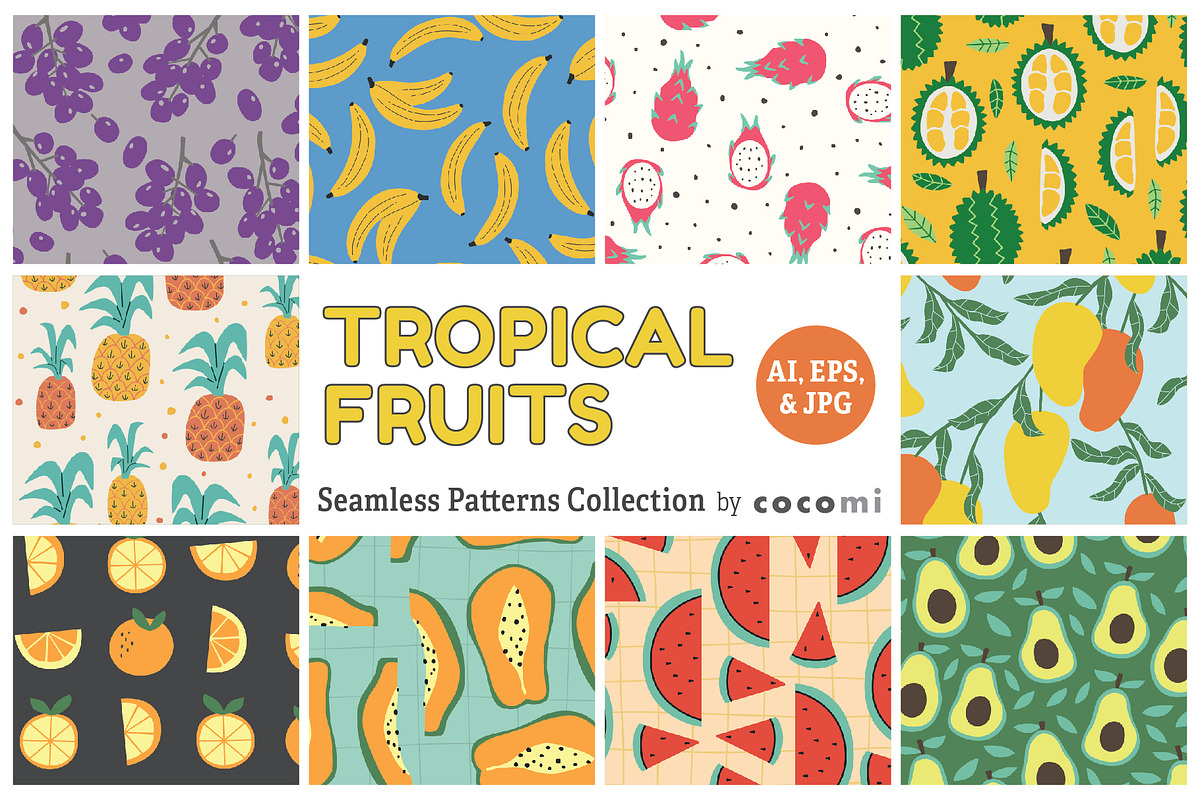TROPICAL FRUITS seamless patterns, a Pattern Graphic by cocomi (Photo 1 of 5)