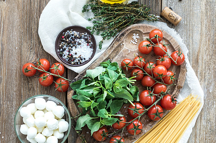 Ingredients for cooking pasta containing basil, spaghetti, and pasta, a Food & Drink Photo by Foxys