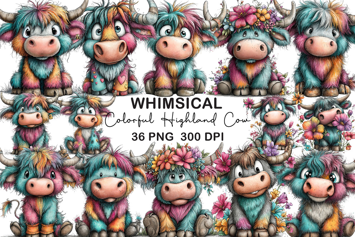 Colorful Highland Cow Clipart, an Illustration by CraftArtStudio (Photo 1 of 6)