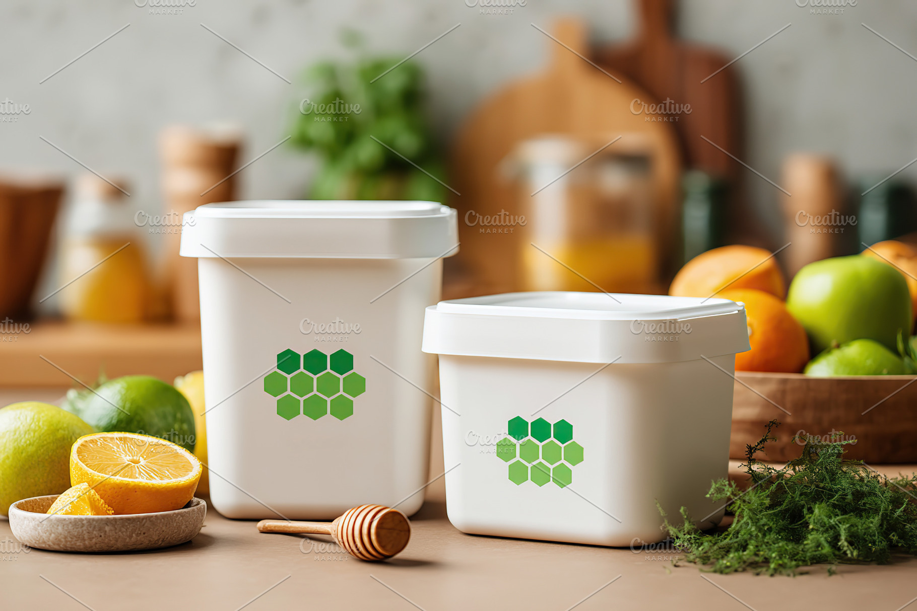 Container mockup displaying bold branding with fresh fruits in a vibrant kitche, a Photo by AlyaAnd