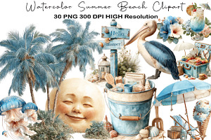 Watercolor Summer Beach Clipart, an Illustration by Black Bird Studio