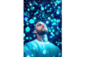 Man Looks Upward into Sparkling Orbs, a Person Photo by Lermont51