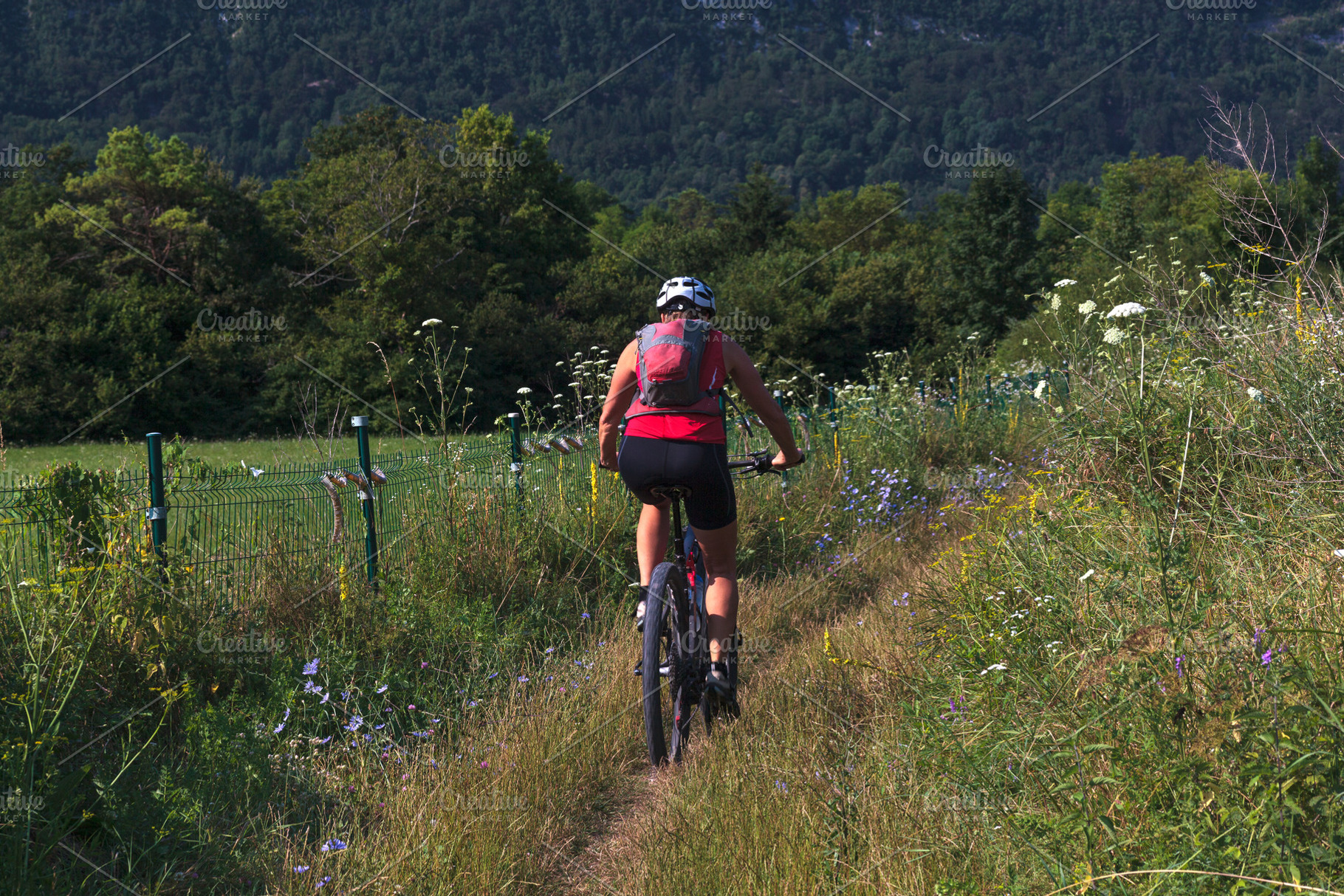 Woman cycling on a serene forest path, a Sports & Recreation Photo by Bepslabor
