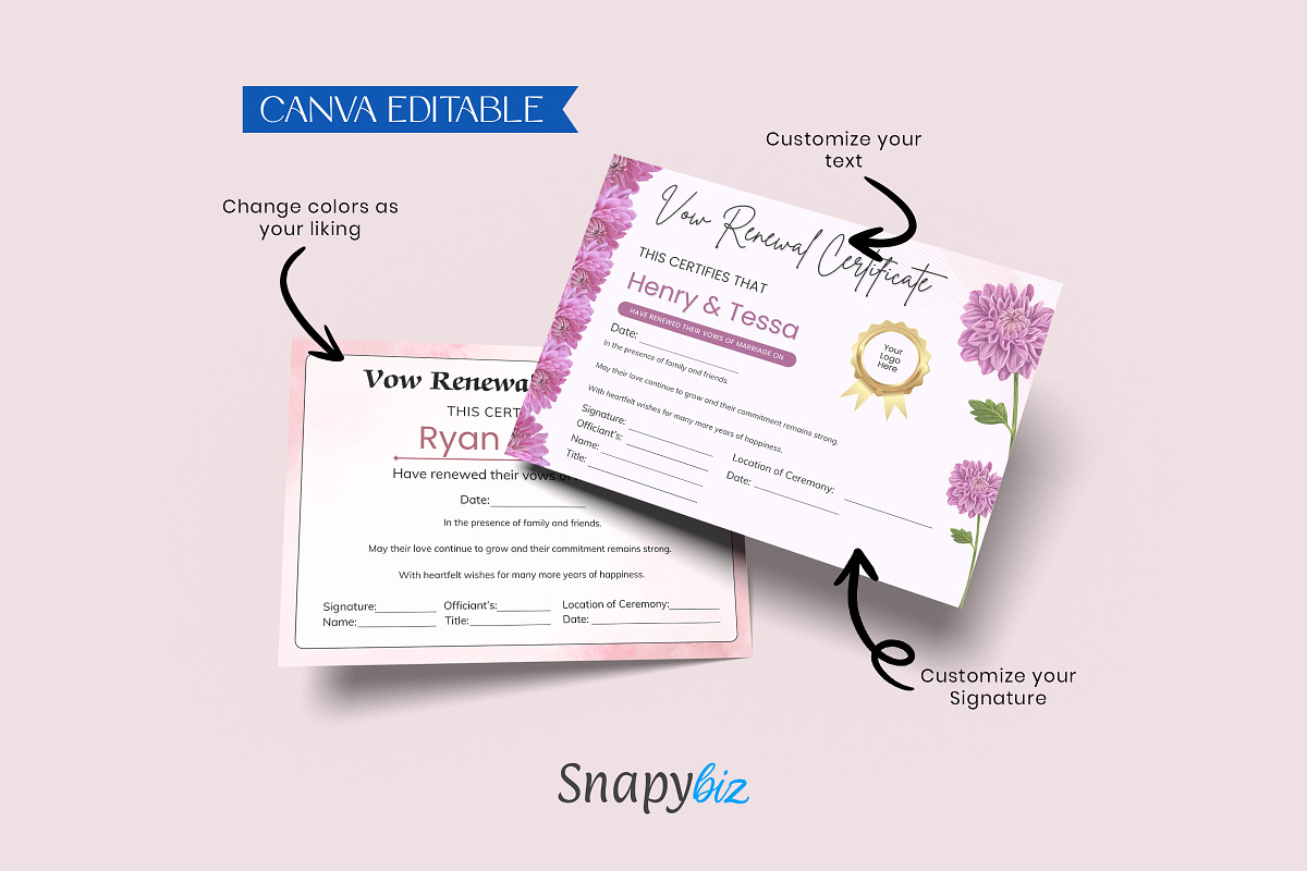 Vow Renewal Certificate Template, a Card Template by Snapybiz (Photo 2 of 10)