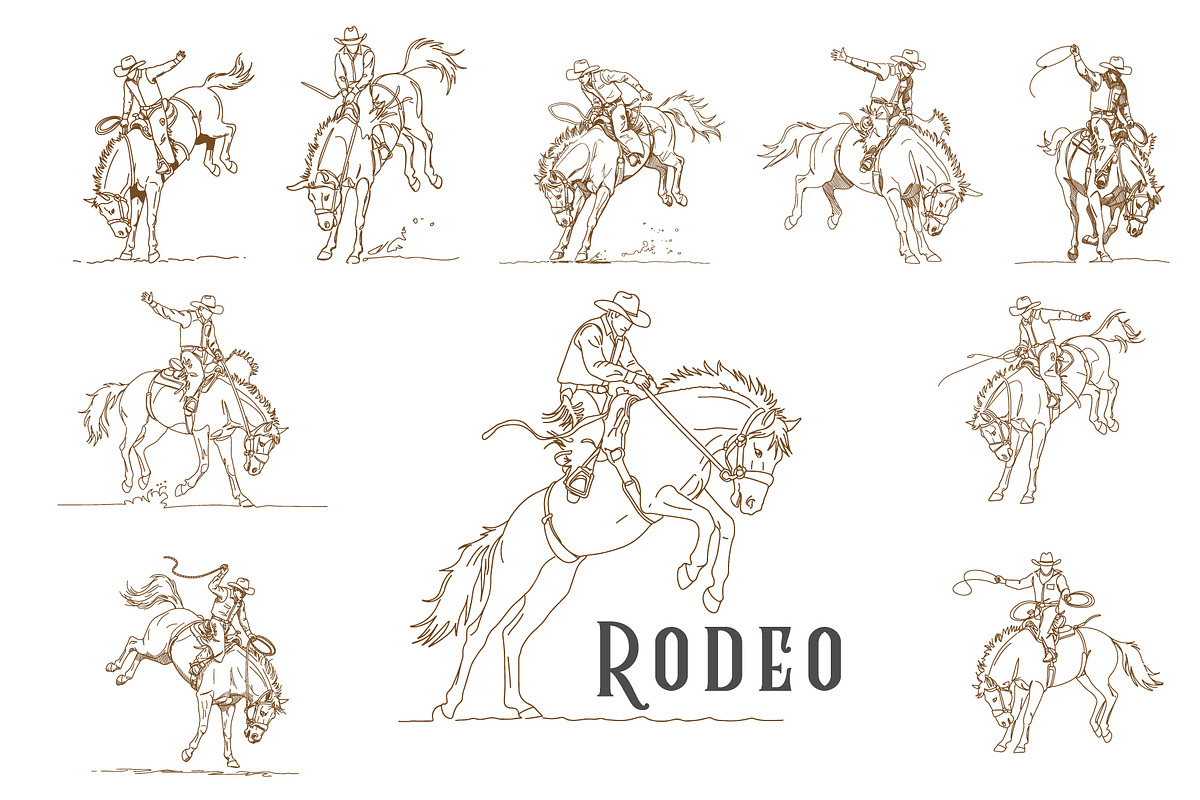 Vintage Rodeo Cowboy Line Art, an Animal Illustration by MkStudio