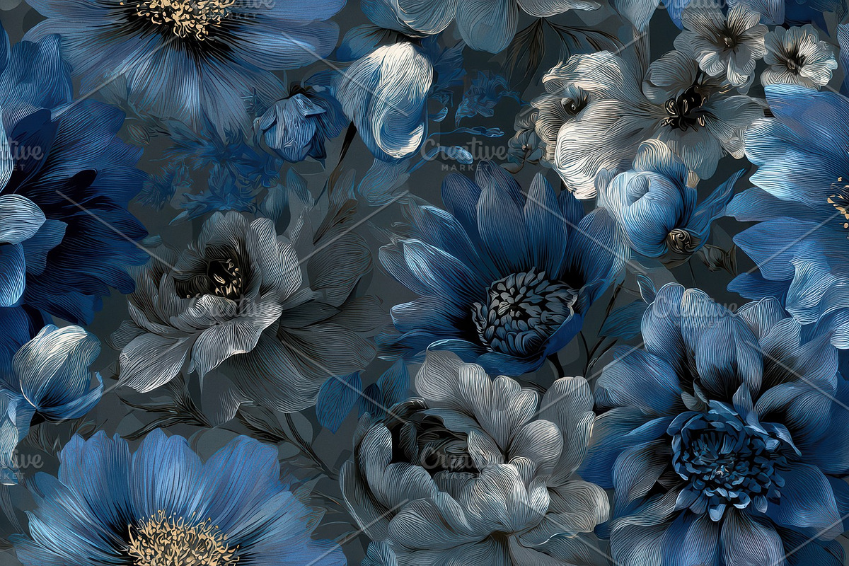 Dark Blue Floral Seamless Pattern, a Decorative Illustration by Virgo Studio