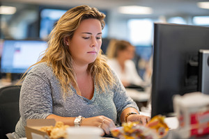 Tired overweight woman at desk in modern office, a Person Photo by AlyaAnd