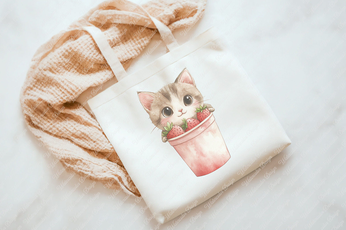 Strawberry Cat Sublimation Clipart, an Illustration by Watercolor design (Photo 6 of 12)