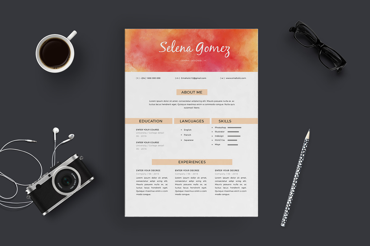 Watercolor Resume Template, a Resume Template by Emaholic Template (Photo 2 of 4)