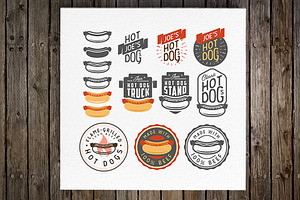 Set Of Hot Dog Emblems And Labels