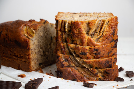 Slices of banana bread with chocolate chunks on a stack