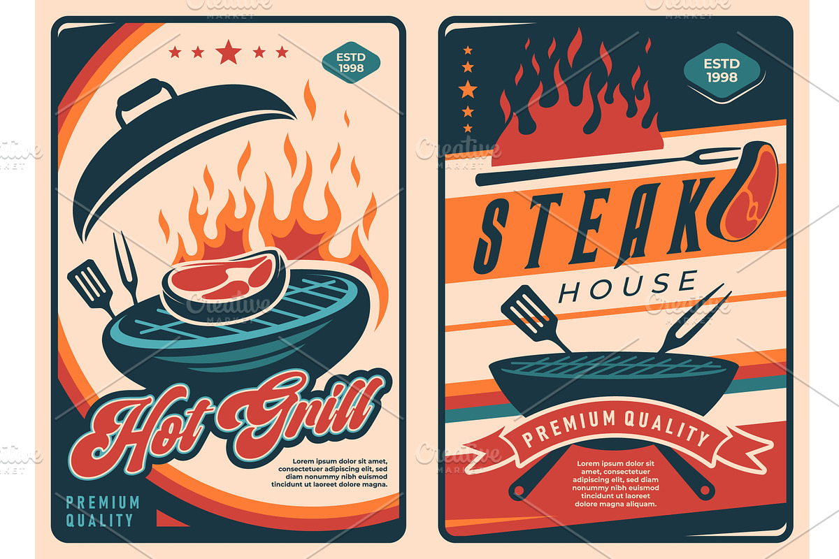 Retro bbq meat vector posters, a Food Illustration by Vector Tradition