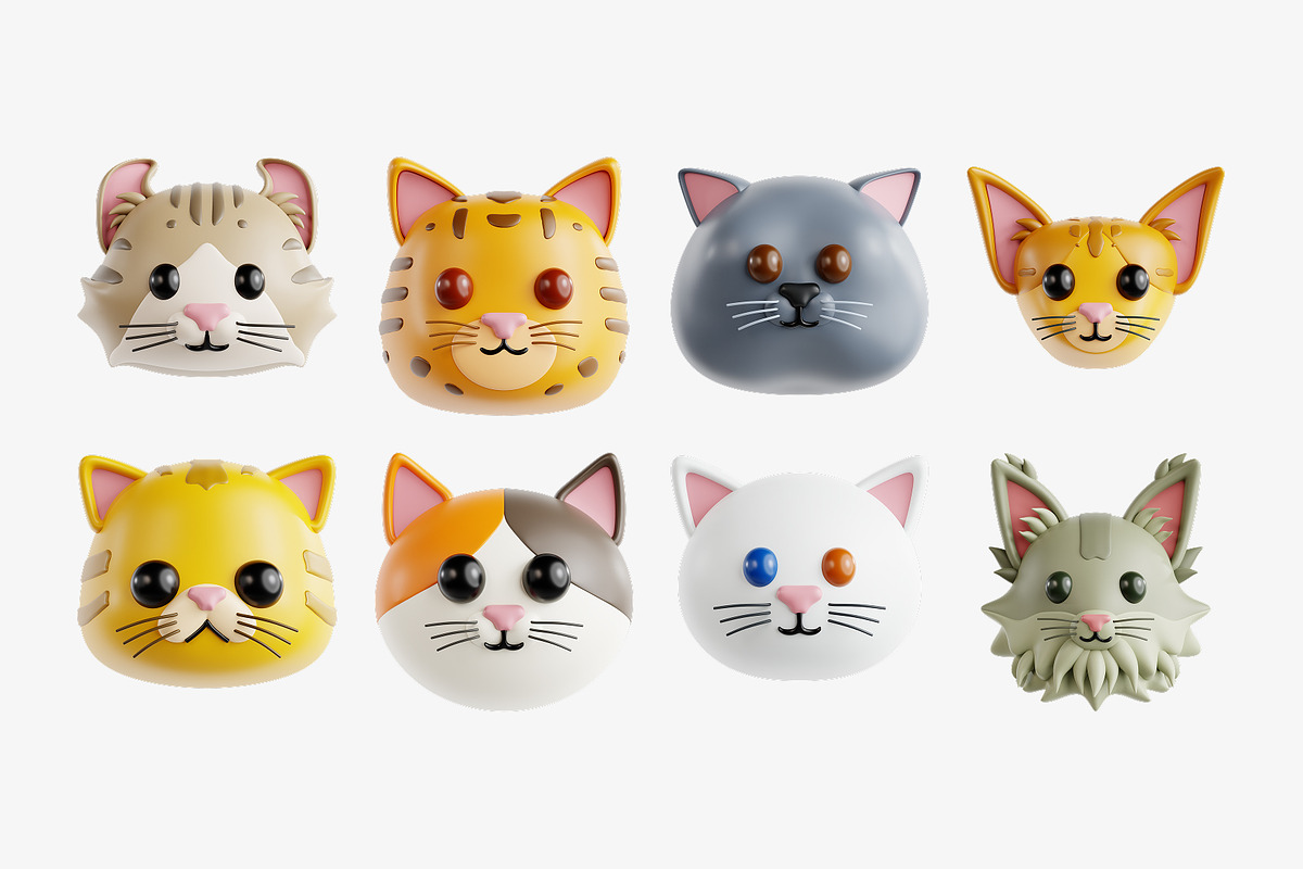 Cat Face 3D Icon Set, an Animal 3D Model by Eklip Studio (Photo 2 of 3)