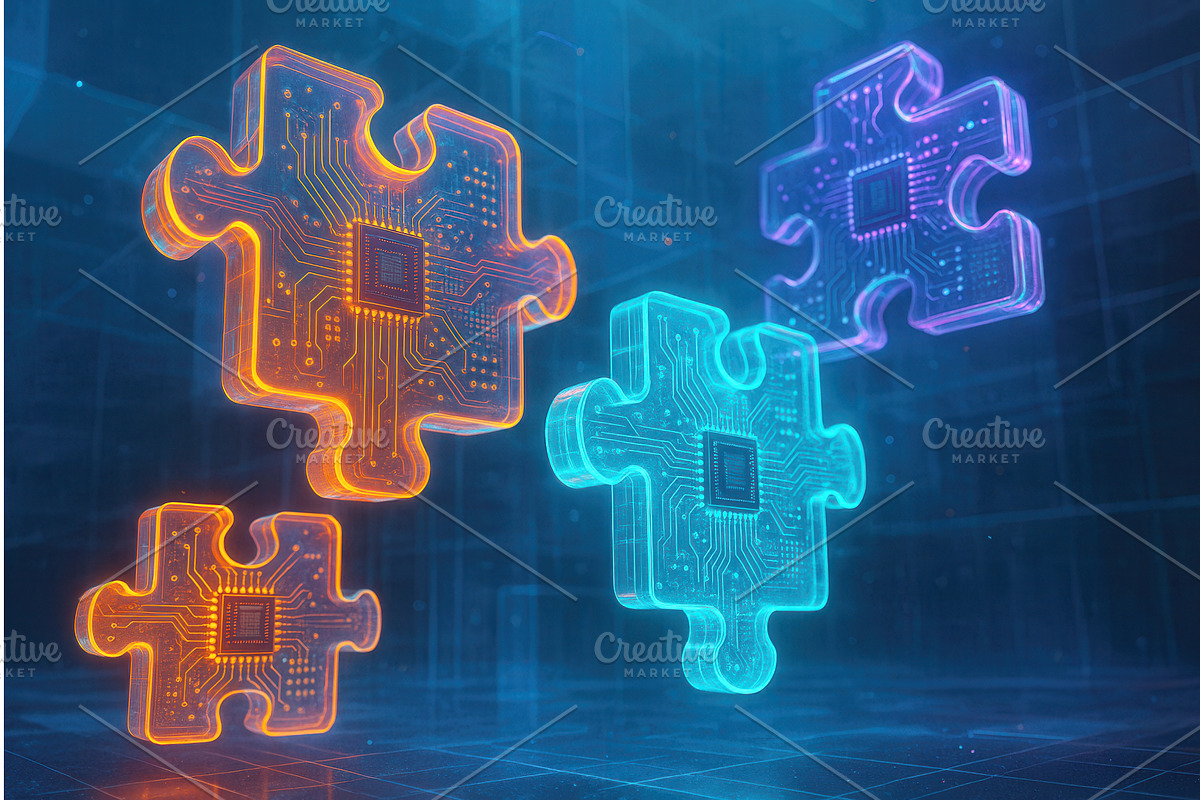 Neon-colored jigsaw puzzle pieces, a Technology Illustration by Sergey Kotenev