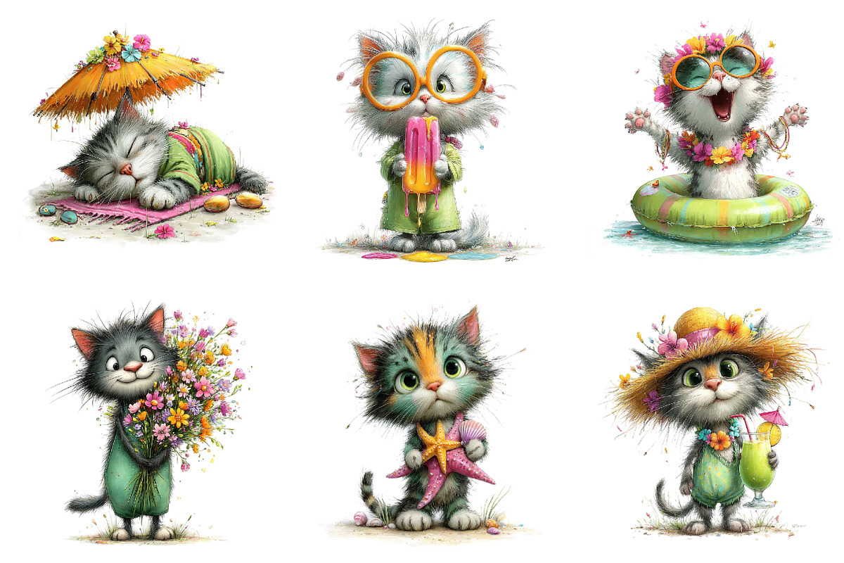 Whimsical Summer Cats Clipart Bundle, an Illustration by Dream Creation (Photo 4 of 8)