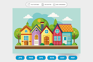 A row of cute cottages with colorful
