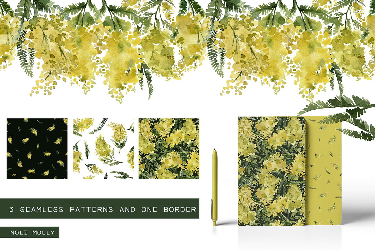 Mimosa. Yellow watercolor flowers., an Illustration by Noli Molly Store (Photo 5 of 6)