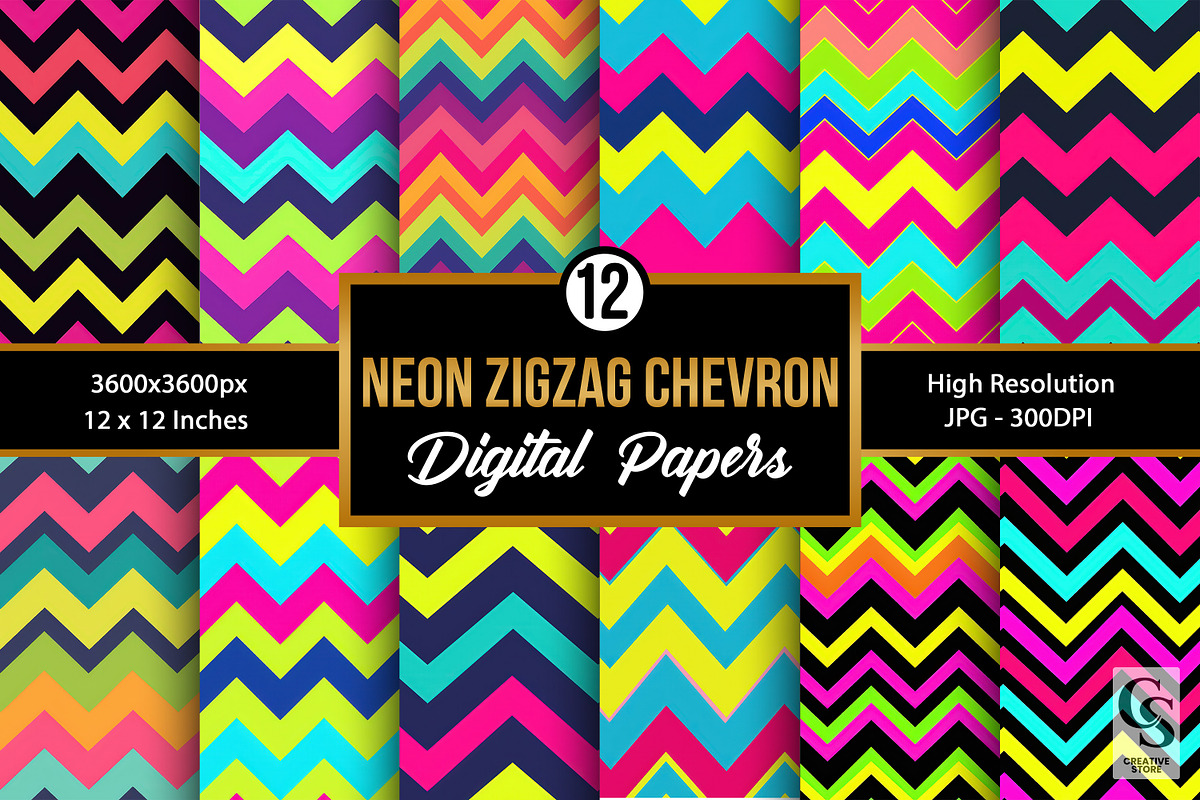 Neon Zigzag Chevron Digital Papers, a Pattern Graphic by Creative Store (Photo 1 of 5)