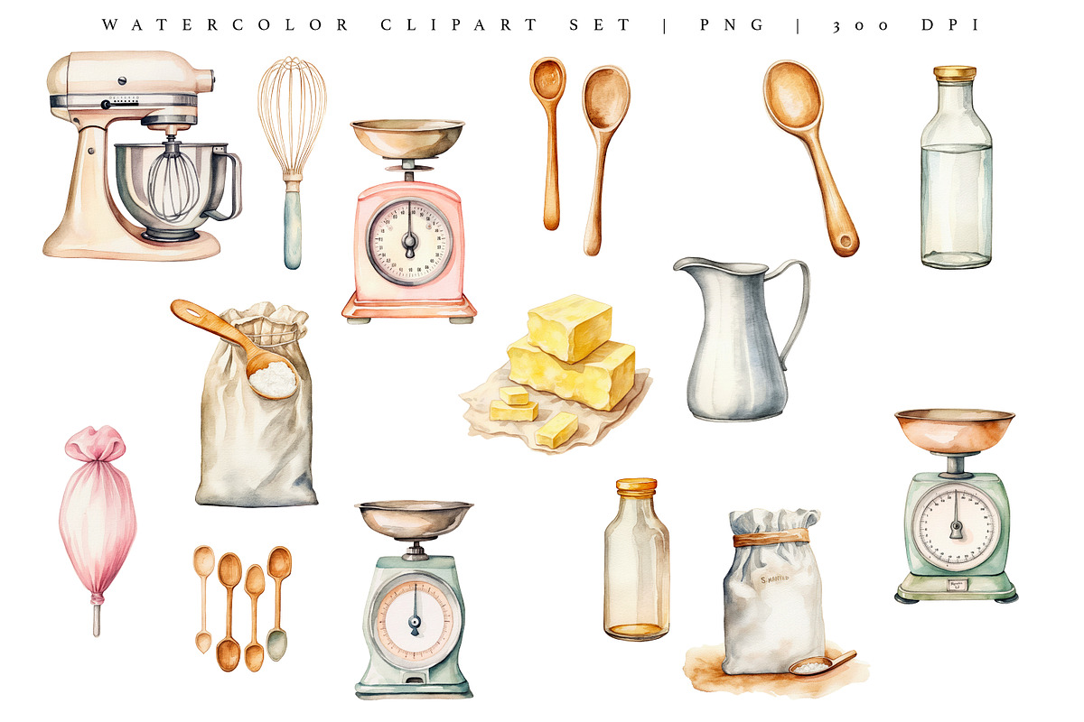 Baking Supplies Watercolor Cute Set, a Food Illustration by Pati Paints (Photo 2 of 8)