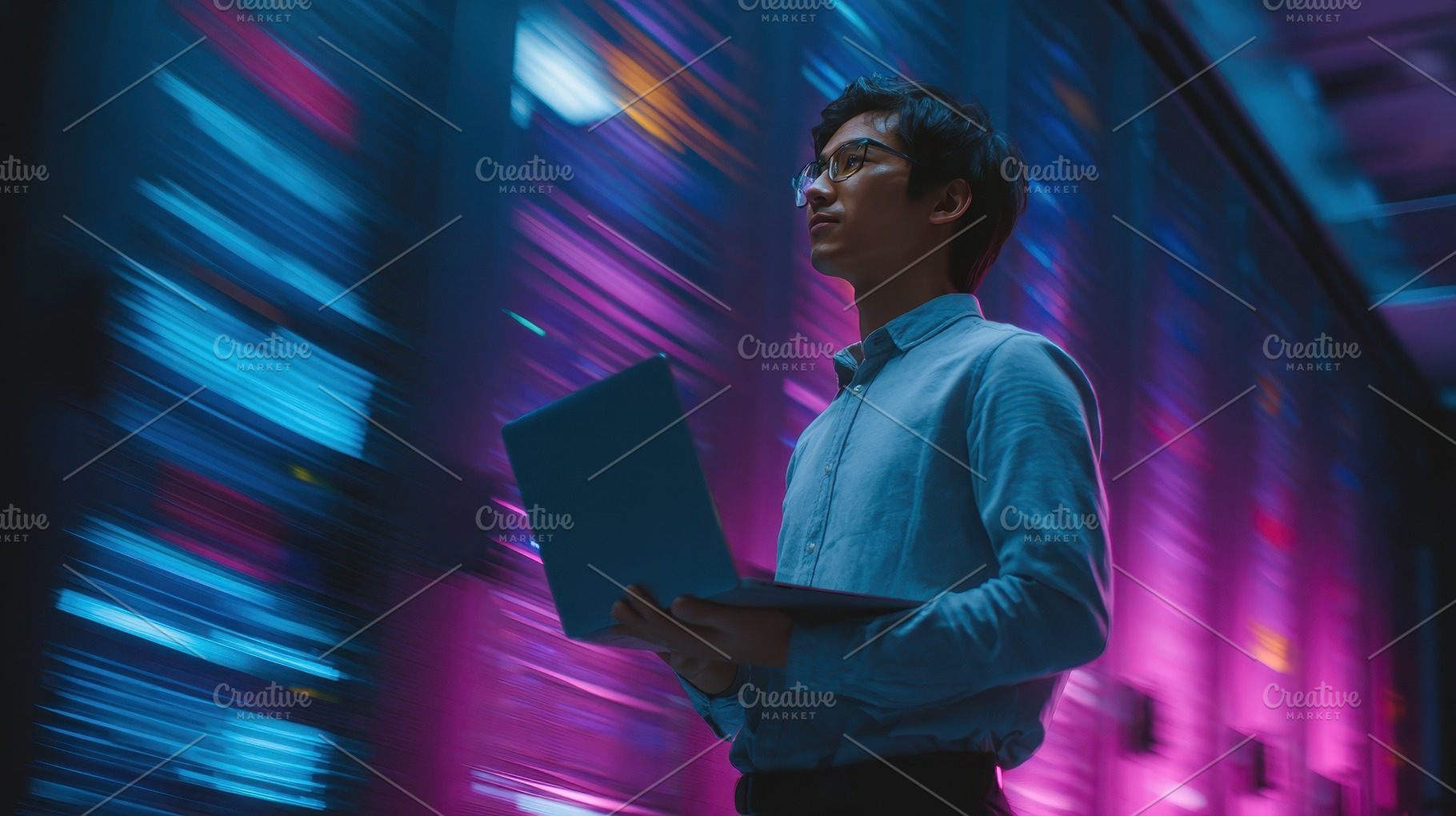 Tech professional laptop server room, a Photo by Pixeness Studio
