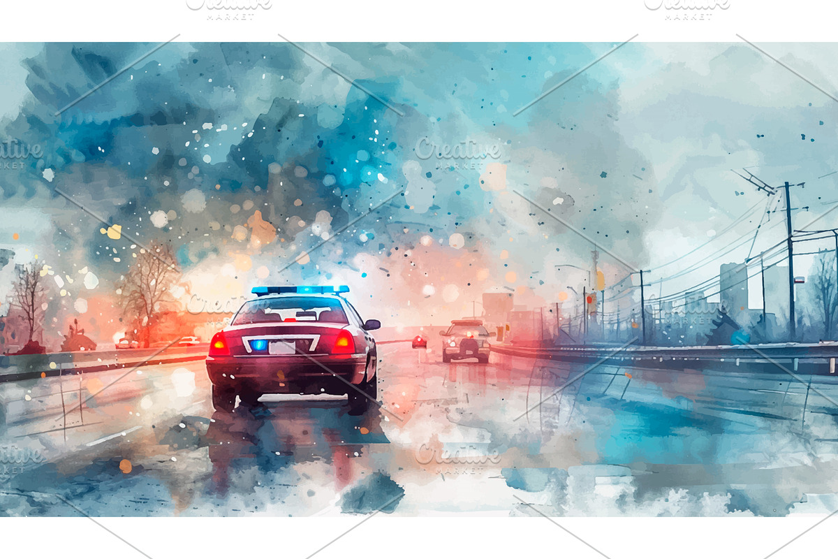 Police Car on Motorway Watercolor, a Transportation Illustration by LadadikArt