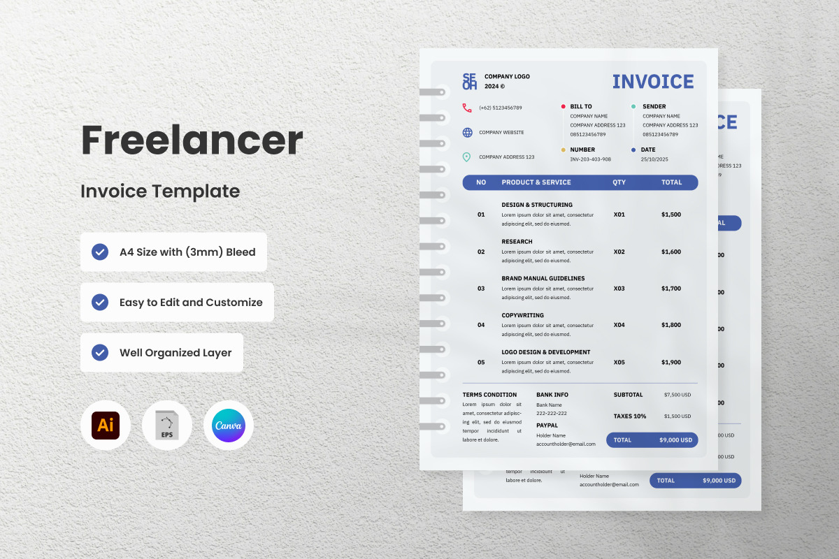 3 Set Freelancer Invoice Template V4, a Print Template by twinstd (Photo 2 of 3)