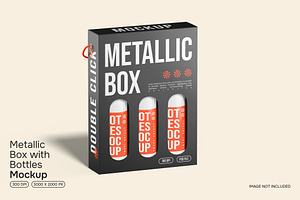 Metallic Box With Bottles Mockup