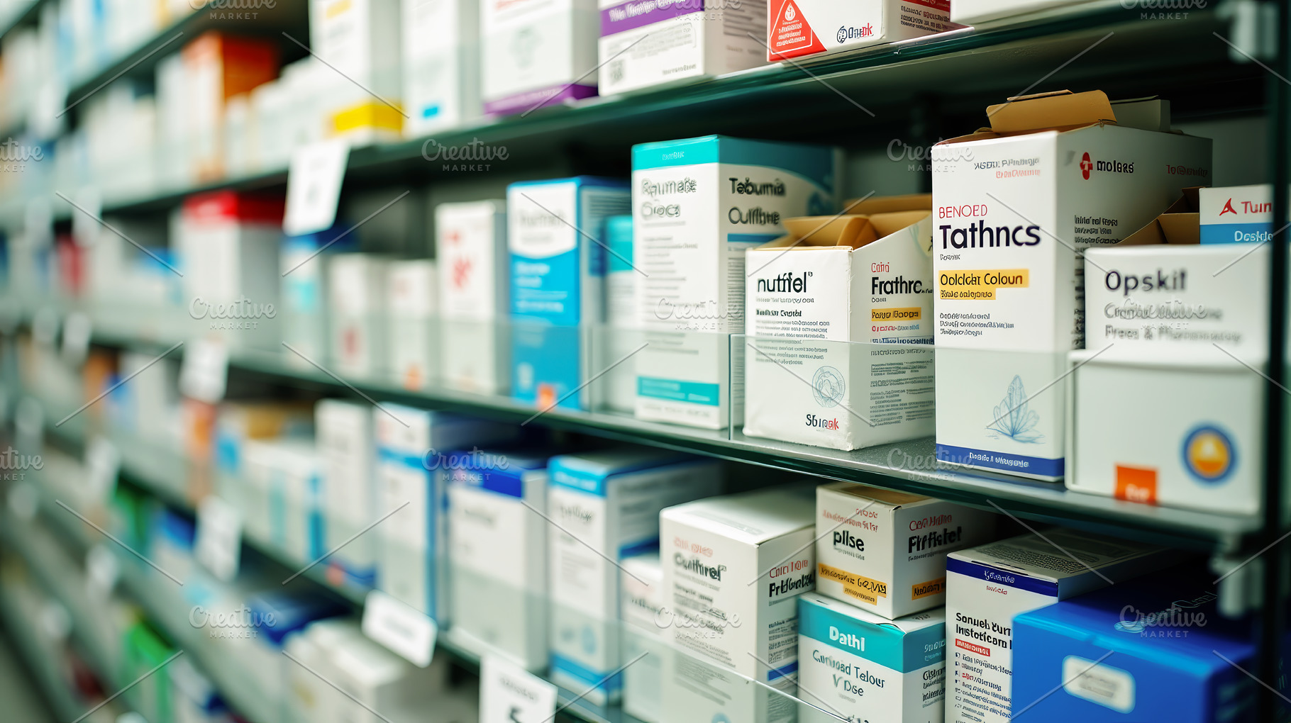Pharmacy shelves with organized medi, a Health & Medical Photo by Perpis