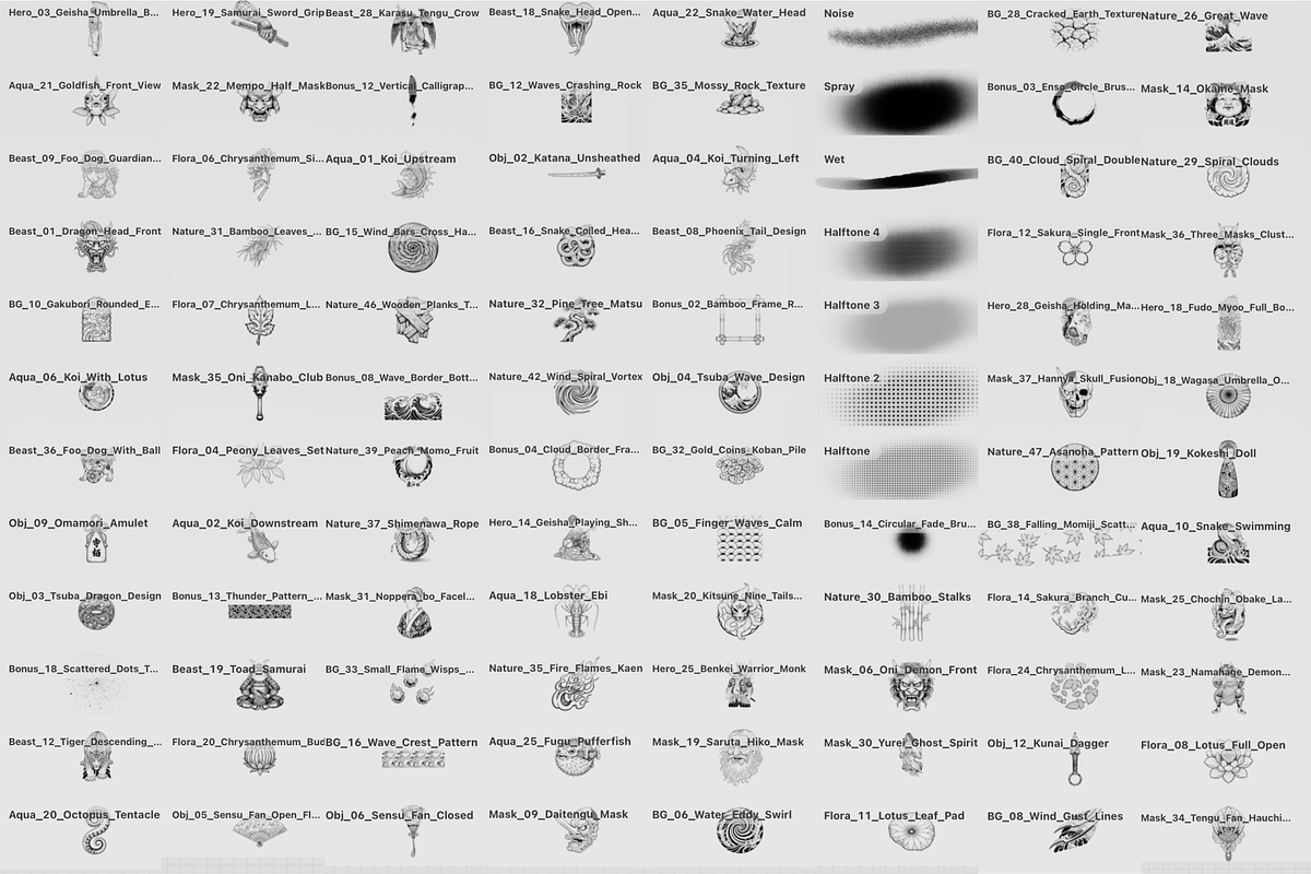 250 Japanese Tattoo Procreate Stamps, a Brush Add-On by Selentaori Studio (Photo 3 of 11)