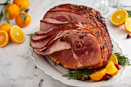 Spiral sliced Christmas ham with orange honey glaze
