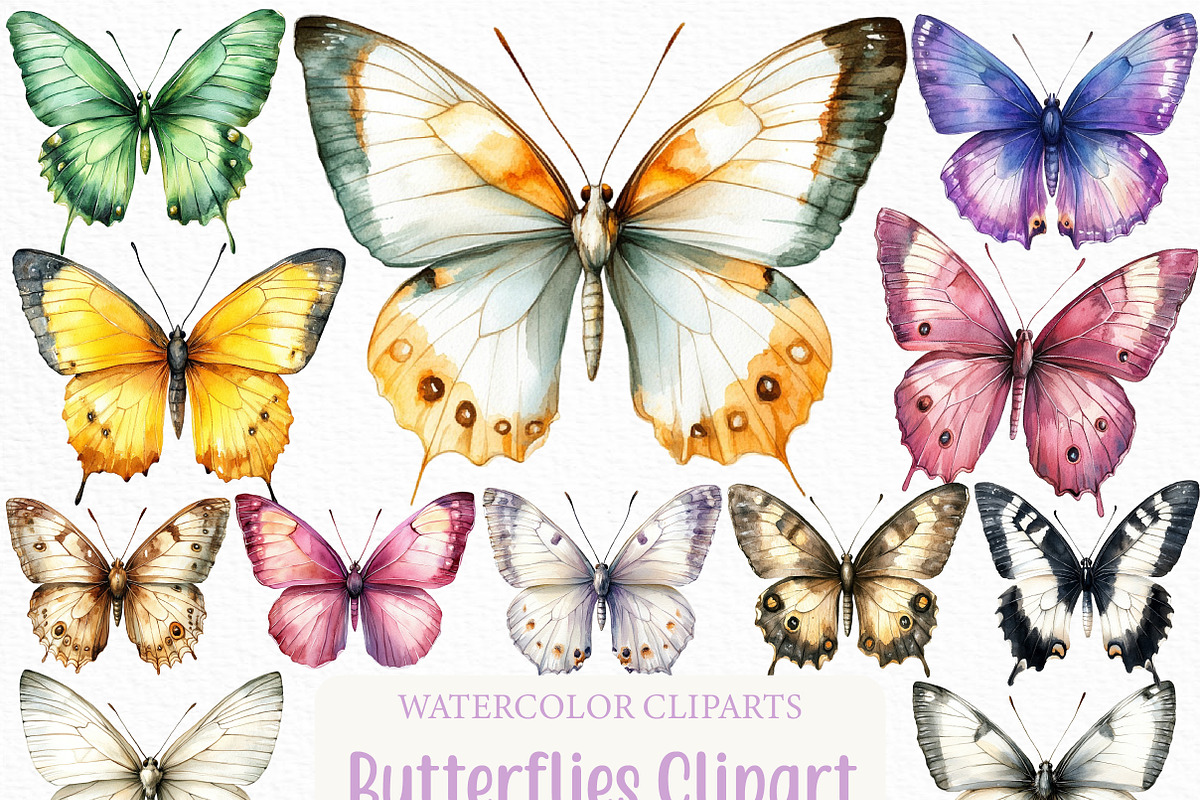 Watercolor Butterflies Clipart, an Illustration by Craft Nest (Photo 1 of 6)