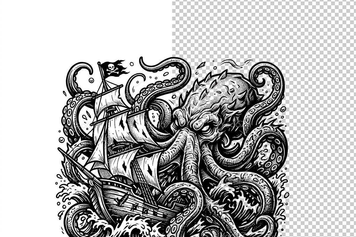 Kraken octopus attacking pirate ship, an Animal Illustration by yod67 (Photo 2 of 6)