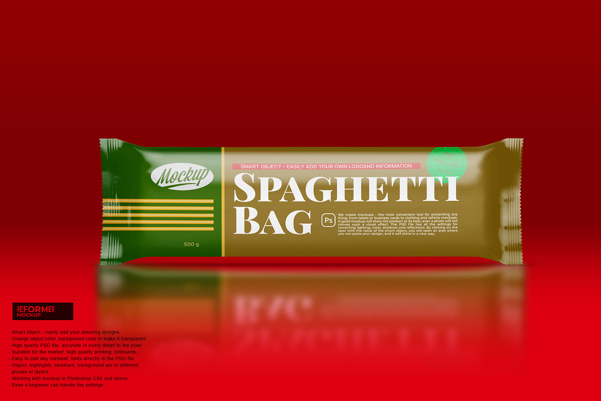 Glossy Spaghetti Pasta Bag Mockup, a Packaging Mockup by Reformer Mockup (Photo 3 of 4)