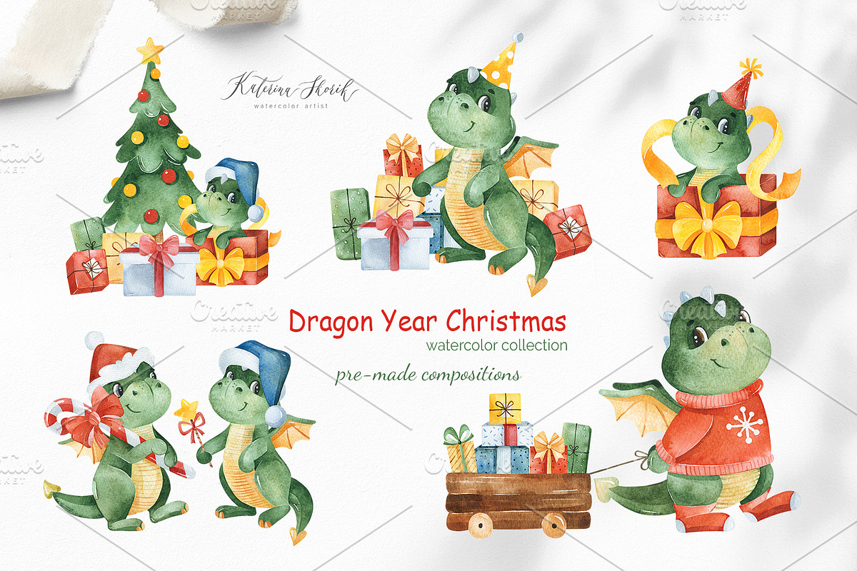 Dragon Christmas. Watercolor set., a Seasonal Illustration by Kate_Rina (Photo 7 of 13)
