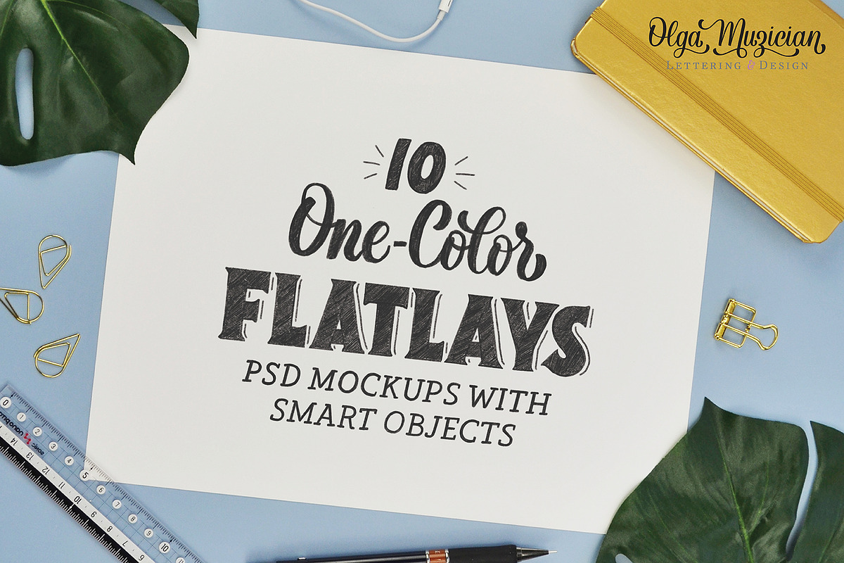 10 One-Color Flat Lay .PSD Mockups, a Print Template by Olga Muzician (Photo 1 of 3)